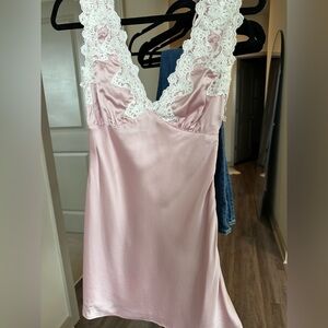Amazing Lace Pink Satin Mini Dress with White Lace